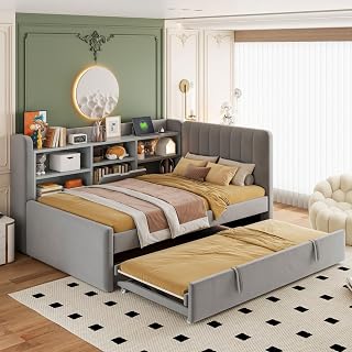 Home Use 2-in-1 Sleep Solution Beds, Frames & Bases,Twin Size Upholstered Daybed with Trundle, Storage Shelves, USB & Outlet (Gray)