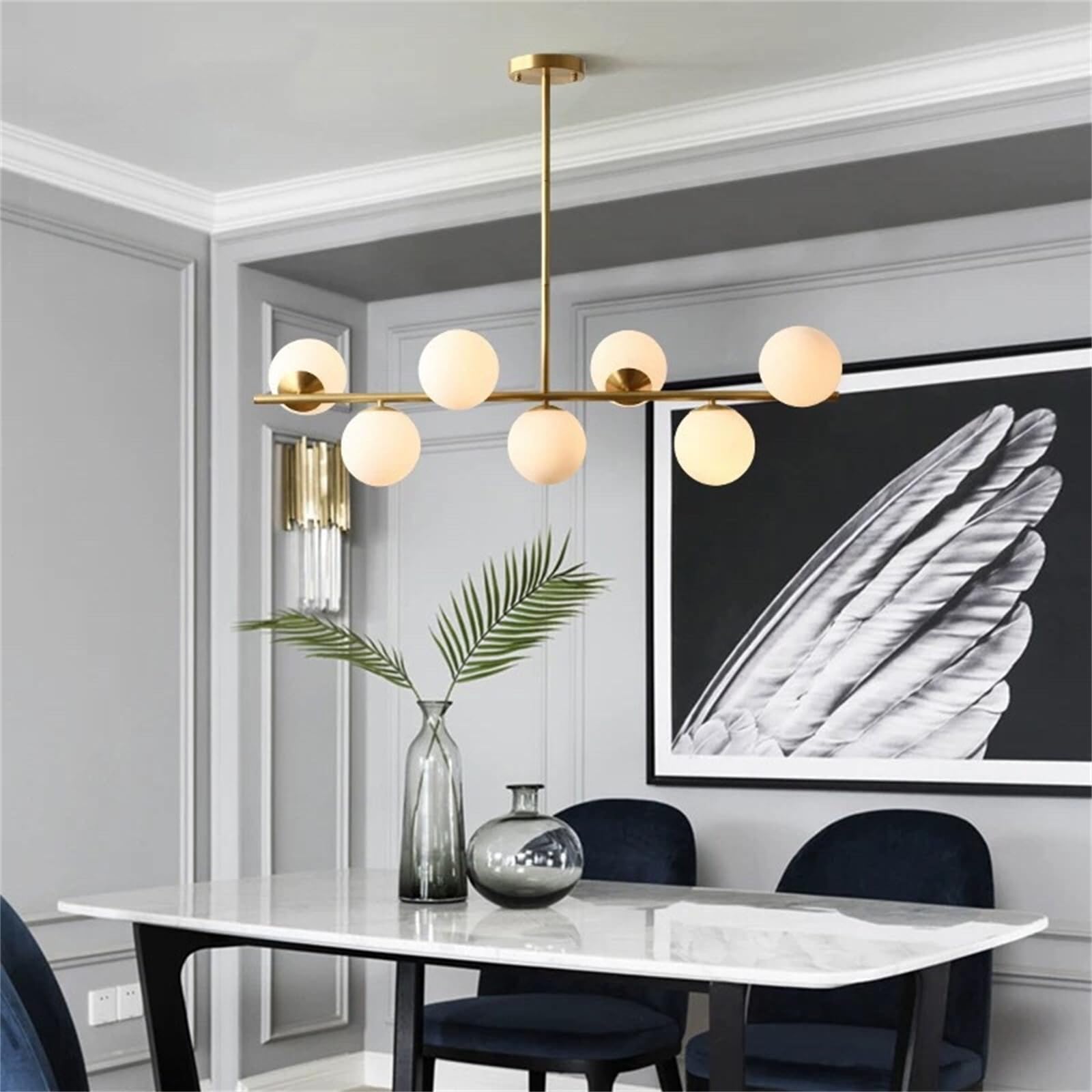 Żyrandol Globe 7 świateł Żyrandol Mid Century Liner Złota oprawa oświetleniowa do jadalni Nowoczesna wisząca szklana kula Sputnik Oświetlenie do wyspy kuchennej Salon Sypialnia Przedpokój
