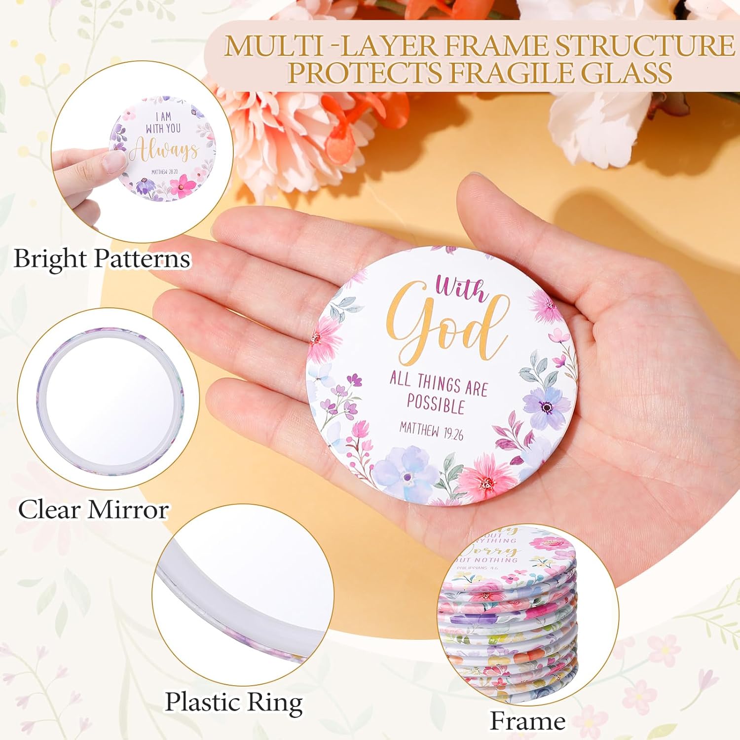 Geelin 48 Pcs Christian Compact Mirrors Christmas Bulk Gifts Floral Bible Verse Mirror for Women Portable Pocket Purse Makeup Mirror Inspirational Religious Group Gift for Sunday Church Party Favors - Image 3