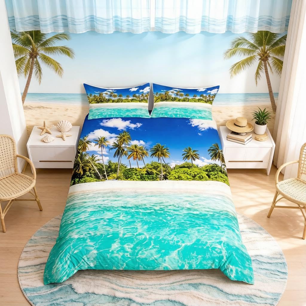 Loussiesd Beach Ocean Bedding Set Palm Tree Print Comforter Cover for Kids Women Men Tropical Palm Leaves Duvet Cover Teal Hawaiian Sea Printed Bedspread Cover Room Decor 3Pcs King Size — image 1