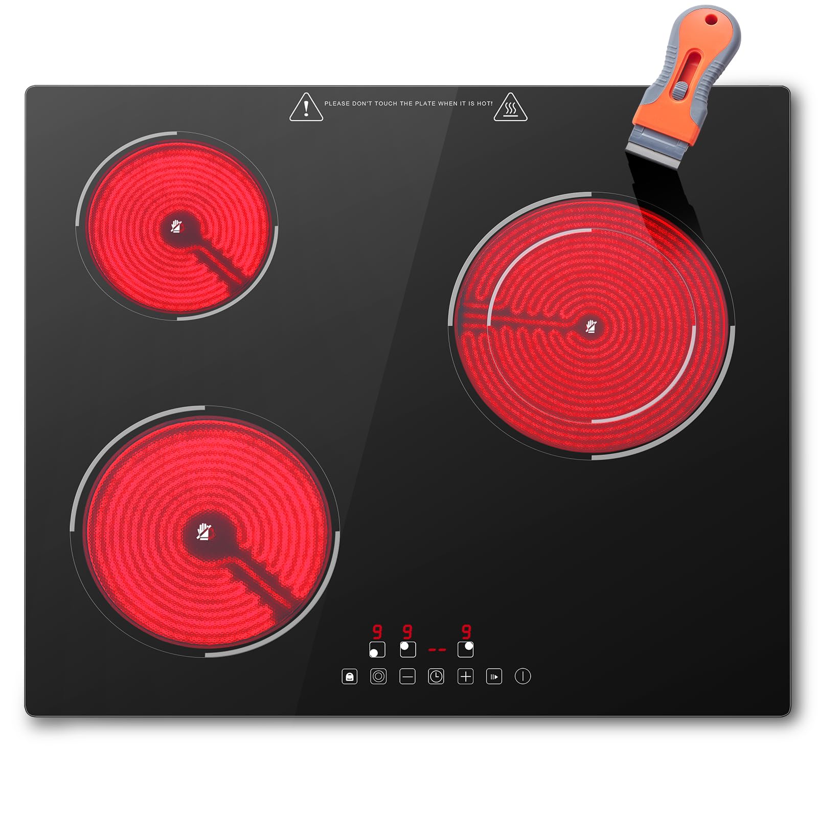 SNDOAS Placa Vitrocerámica 3 Fuegos 5200W, Vitroceramica 3 Zonas de Cocina (1200W+1800W+2200W), 9 Niveles de Calor, Seguridad para Niños, Temporizador 99 Min, Compatible con Todos los Utensilios - 1