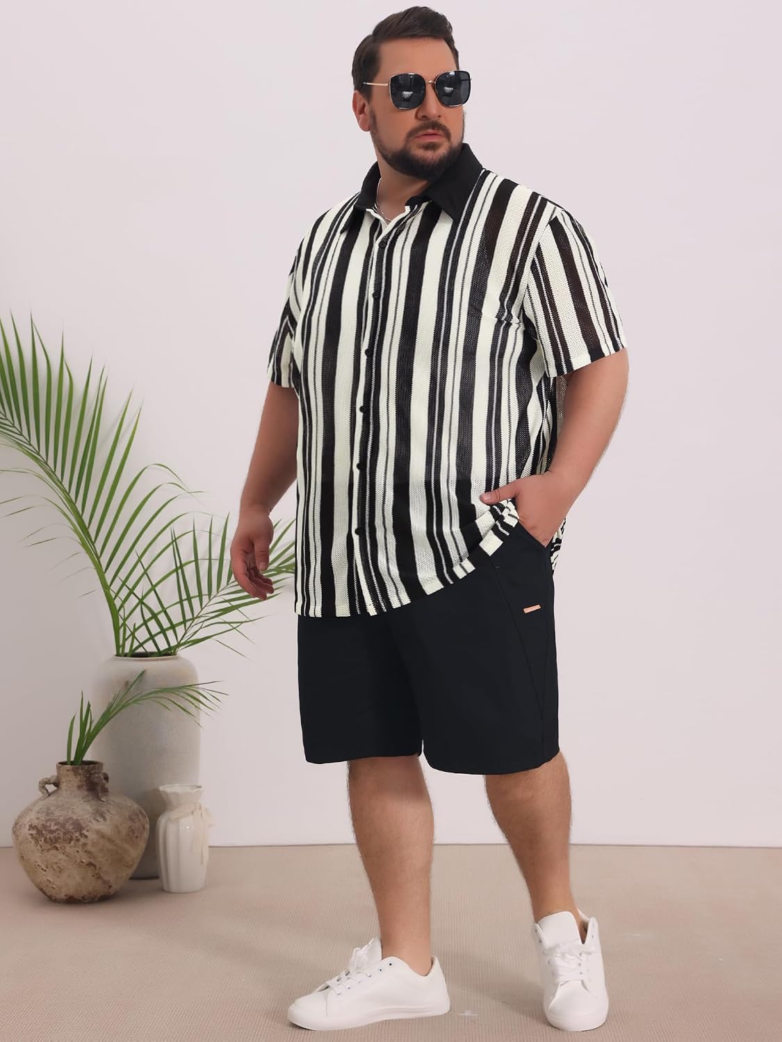 Men's Big & Tall Colorblock Striped Shirt Short Sleeve Button-Down Breathable Summer Casual Shirt
