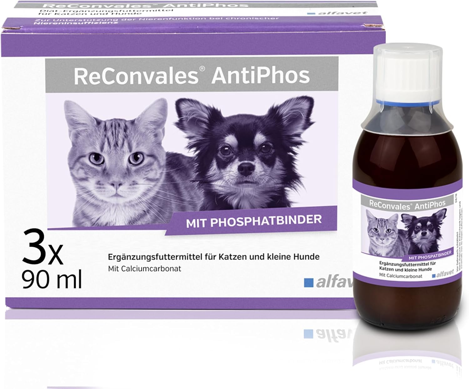 Alfavet ReConvales AntiPhos, zur Unterstützung der Nierenfunktion von Katzen und Hunden, Nahrungsergänzung mit Phosphatbinder, 3 x 90 ml Flaschen
