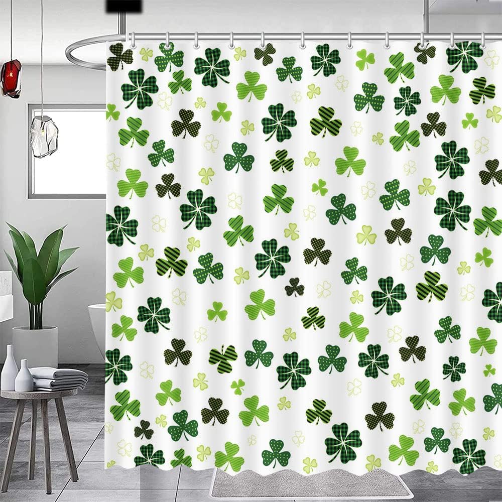 MEHOFOND 4pcs St. Patrick's Day Shower Curtain Set with Non-Slip Rugs Toilet Lid Cover and Bath Mat Shamrock Bathroom Shower Curtain Set Irish Lucky Clover White and Green Set for Bathroom Decor