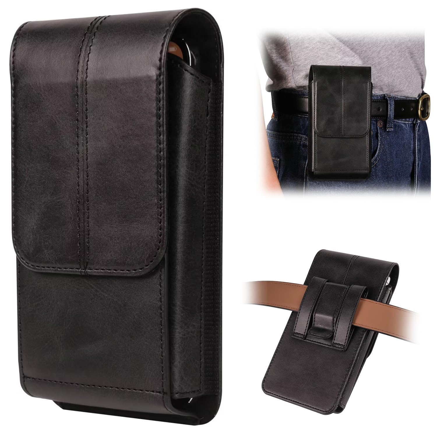 Etui kabura na telefon komórkowy ze skórzanym paskiem kompatybilne z Samsung Galaxy S25/S24/S23/S22/S21/S20 Ultra, uchwyt na pasek do telefonu komórkowego z klipsem i przegródkami na karty dla