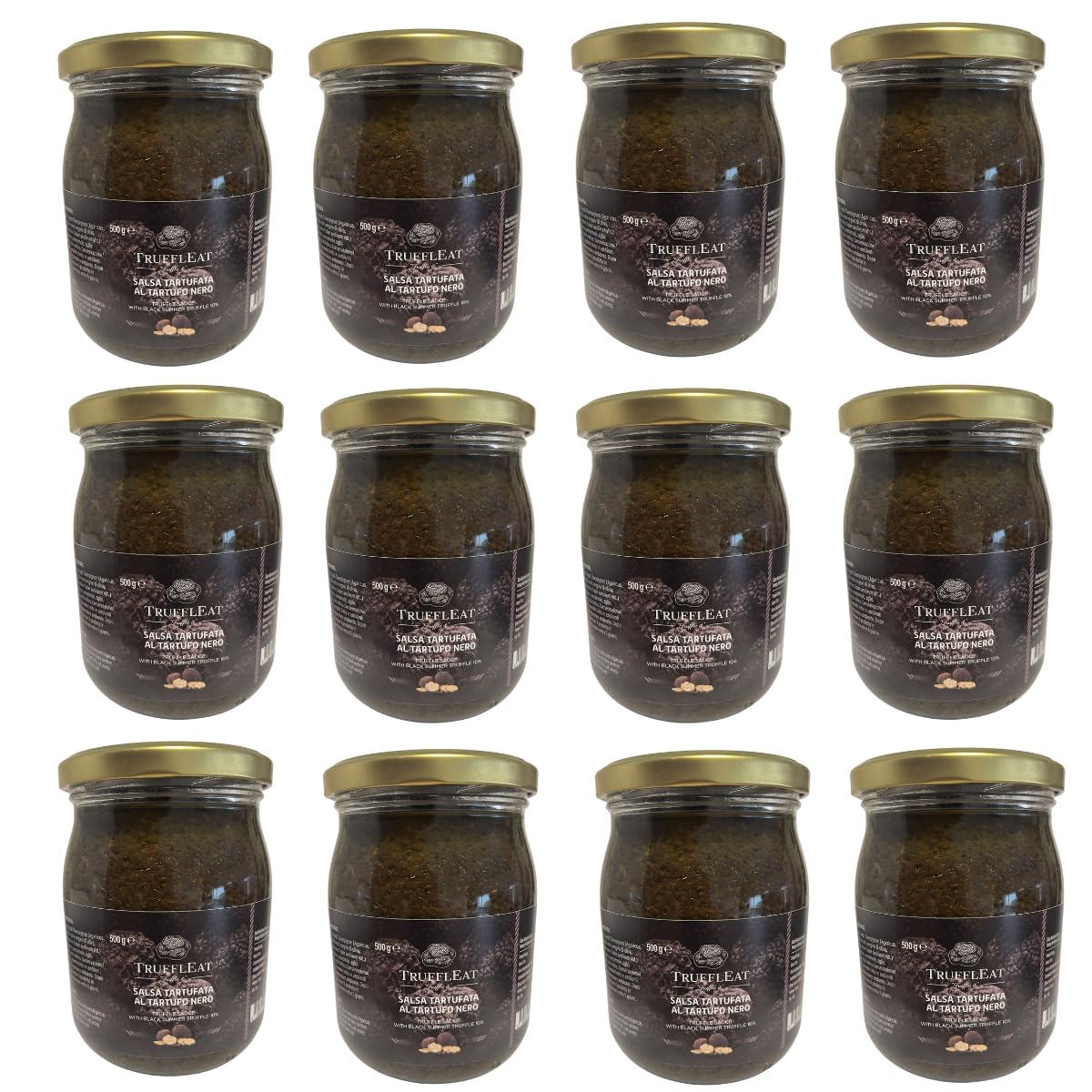 Truffleat 12 Pezzi Salsa Tartufata 500 gr Funghi Champignon e Tartufo Nero 10% Pronta all'uso, Condimento a Base Funghi Champignon e Tartufo Nero Estivo, Kit 12 Vasetti Salsa Funghi e Tartufo