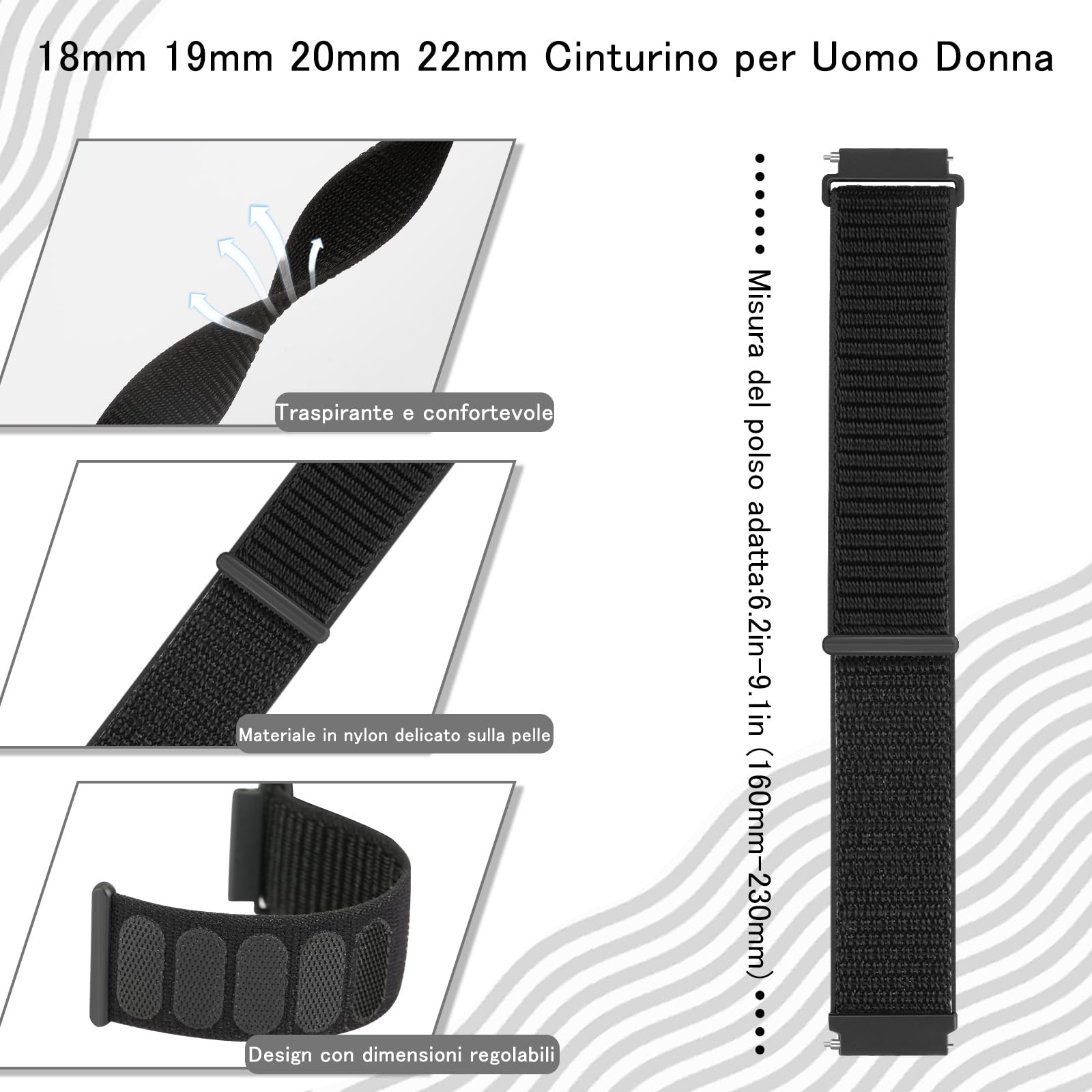 TumCez 18mm 19mm 20mm 22mm Cinturino per Uomo Donna,Regolabile Sgancio Rapido Cinturini Orologio in Nylon per Samsung/Garmin/Fossil/Amazfit/Huawei Orologio