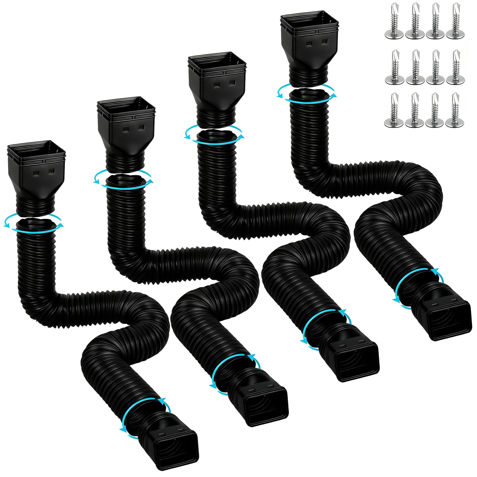 4 Pack Gutter Downspout Extensions for Rainwater Drainage, 4” Diameter Thickened Flexible Downspout Extender Extendable from 21" to 67"(Black)