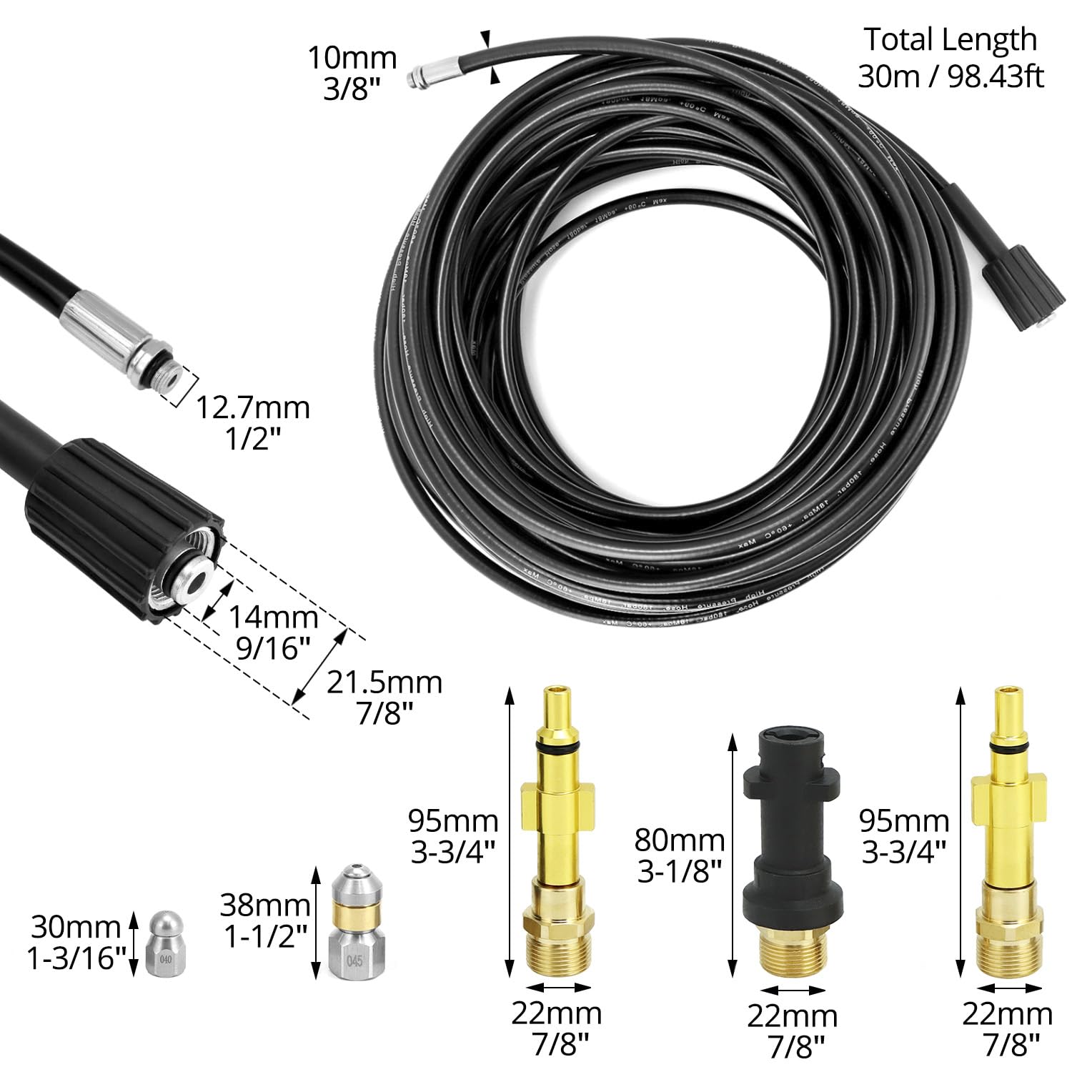 QWORK® Manguera para limpieza de tuberías 30M 180bar, desatascador tuberias a presion, incluido adaptador, compatible con serie K K2, K3, K4, K5, K6, K7 Hidrolimpiadora