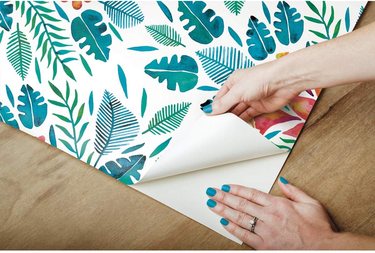 RoomMates RMK11391RL Cat Coquillette Blue and Orange Tropical Peel and Stick Wallpaper