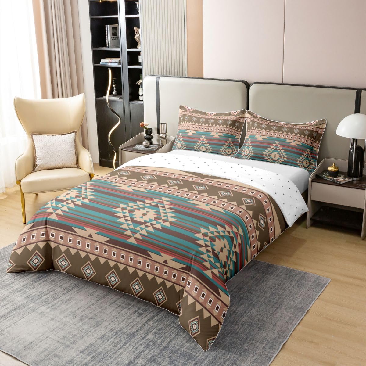 King Size Southwestern Duvet Cover 100% Cotton Geometric Pattern Bedding Set for Kids Tribal Style Comforter Cover Set Native American Design Brown Bedspread Cover Room Decor Bedclothes Zipper