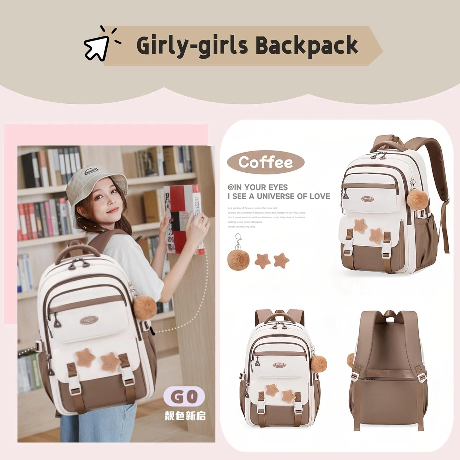 Kids Backpack for Girls, School Bags Bookbag for Girls Elmentary Middle School, with Furry Pendant, A08-Coffee - Image 2