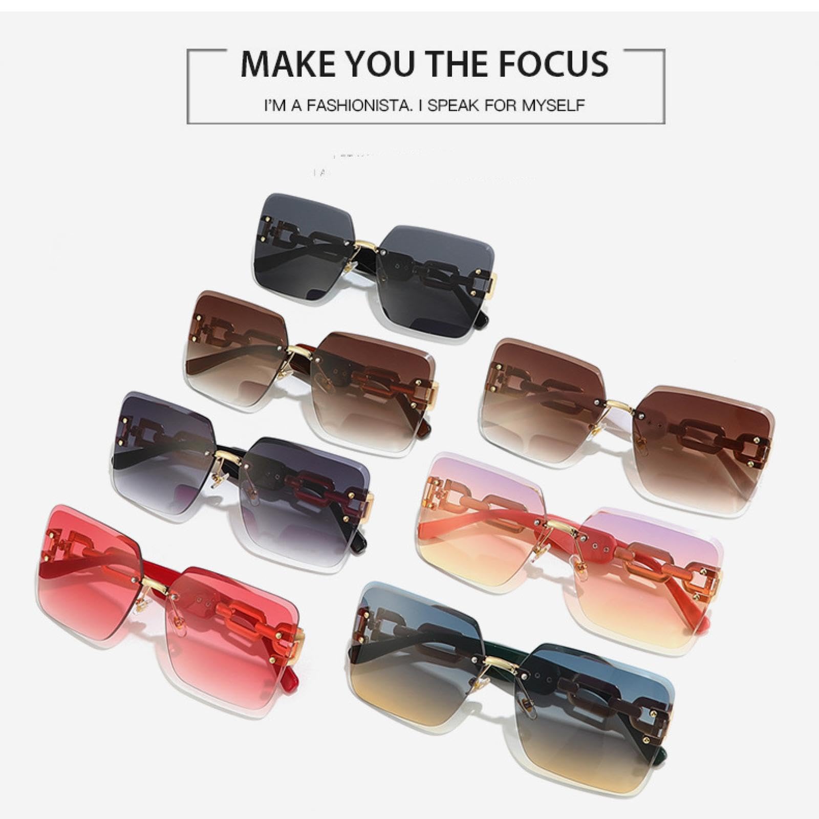 Oversize rahmenlose Sonnenbrille mit Kette und Bügeln, Vintage für Damen und Herren, UV400 Schutz
