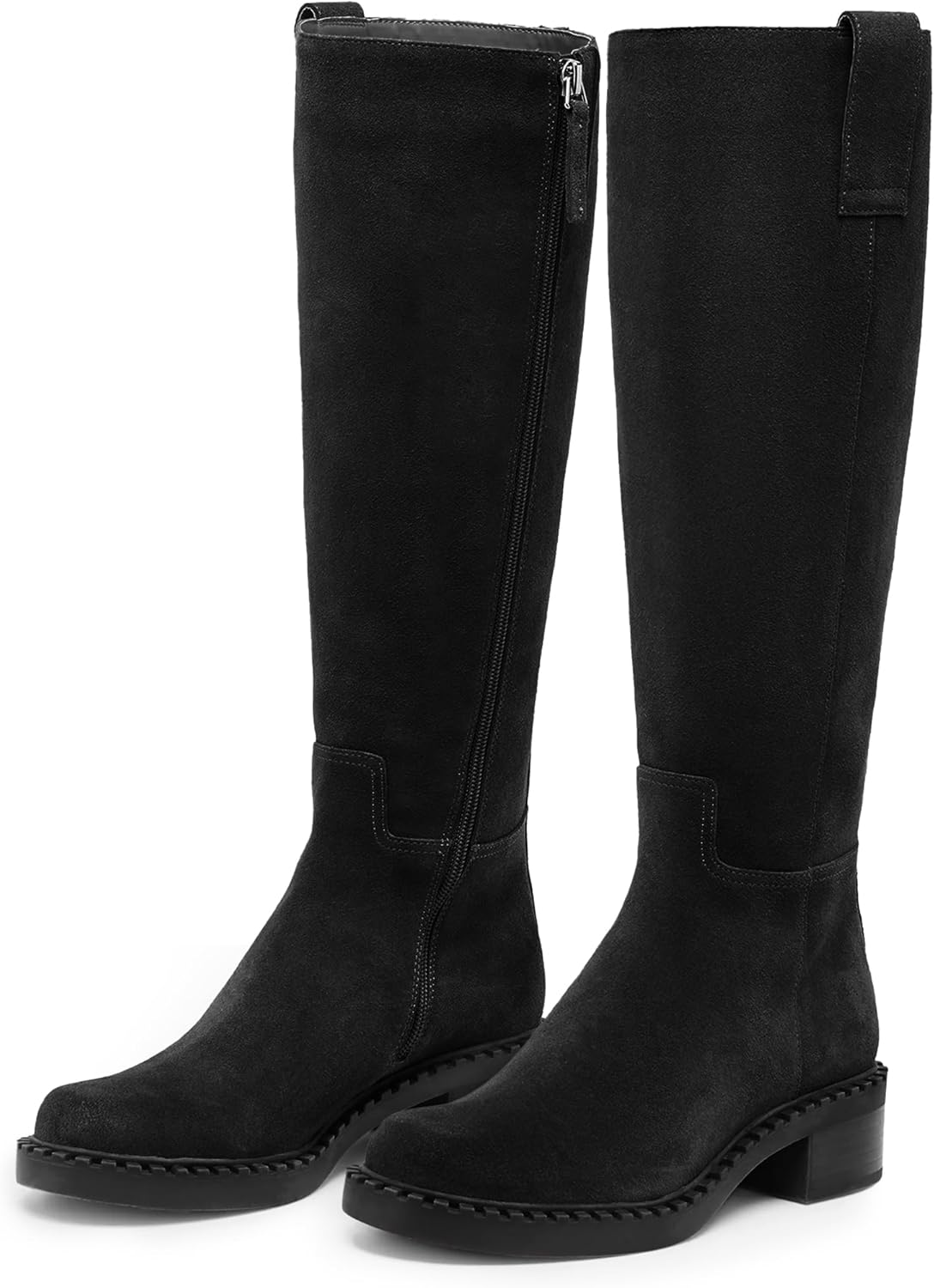 KaroNairy Women Knee High Boots Faux Leather Long Boots Low Chunky Heel Square Toe Side Zipper Fall Tall Boots