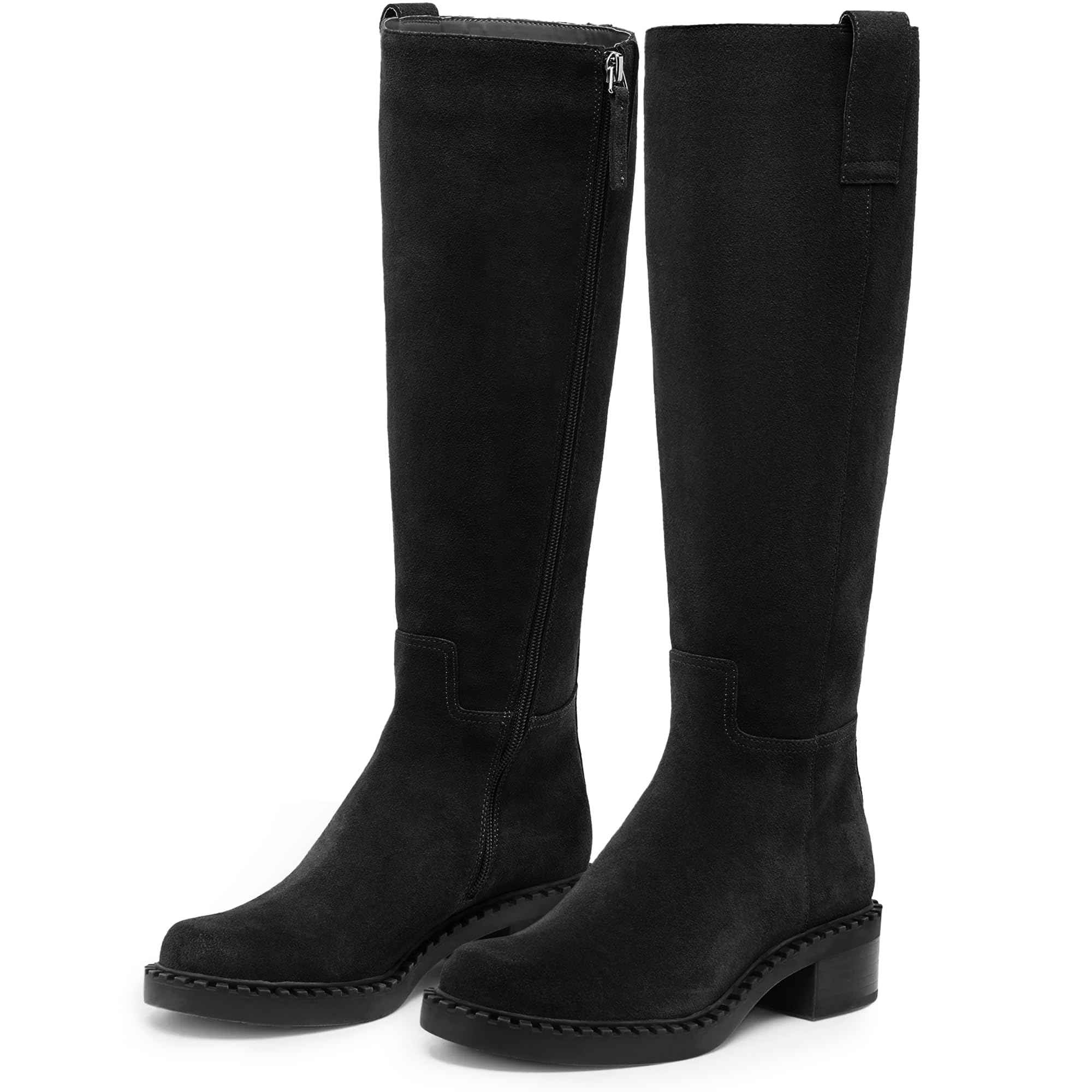 KaroNairy Women Knee High Boots Faux Leather Long Boots Low Chunky Heel Square Toe Side Zipper Fall Tall