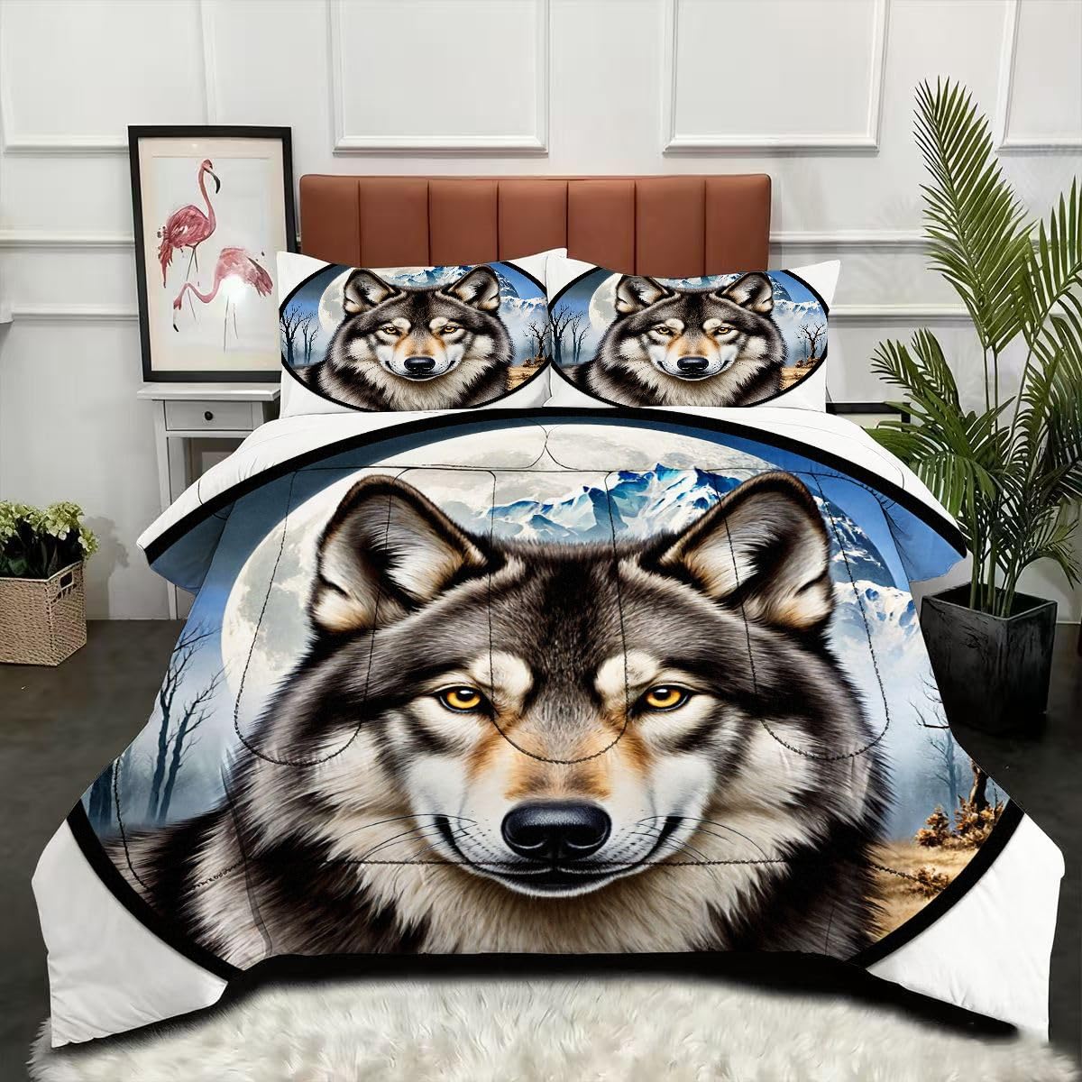 Couette 220 x 240 cm Loup avec 2 taies d'oreiller, parure de lit adulte réversible 4 saisons