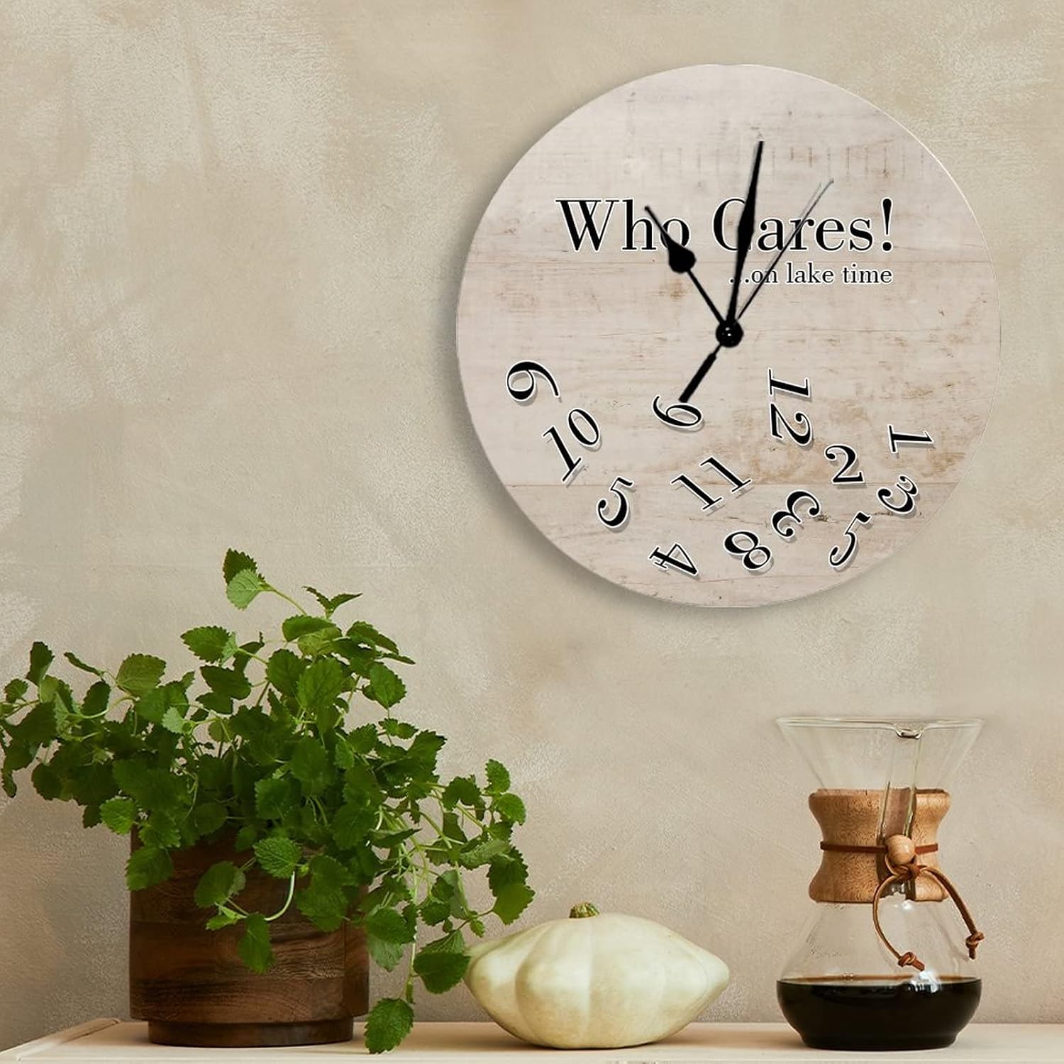 Who Cares on Lake Time Wooden Wall Clock Rustic Wood Grain Cracks Wall Clocks Battery Operated 12 Inch Silent Funny Retired Decor Vintage Country Home Decor for Home Kitchen Office School Bathroom