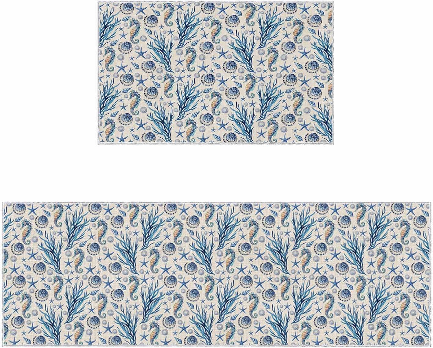 2 Pieces Kitchen Rugs and Mats,Summer Ocean Coral Seahorse Starfish Area Runner Rug Set Non Slip Floor Doormat Washable Carpet Standing Mat for Kitchen Sink Indoor Corridor,Watercolor Marine Life