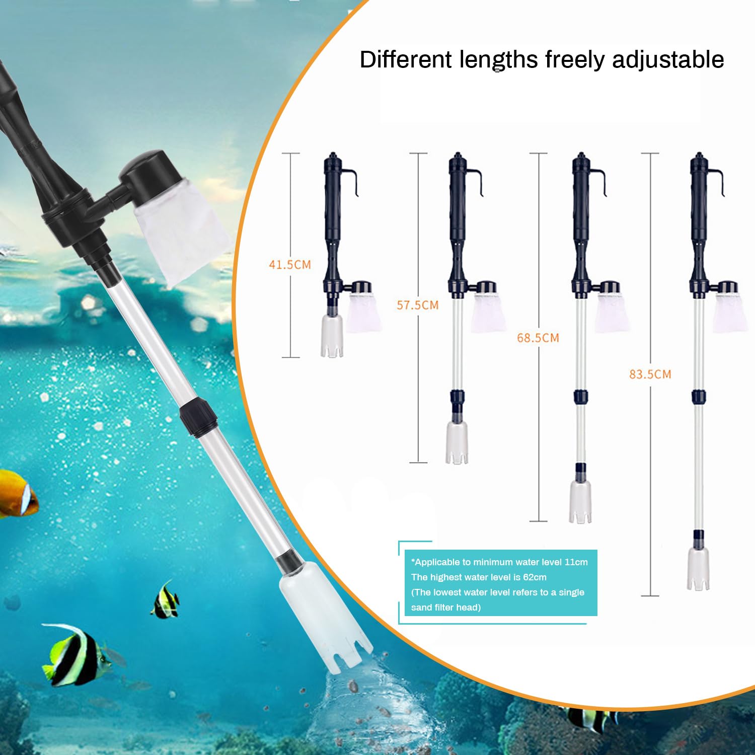 JSMTKJ Aspirador Automático para Acuario Limpiador de Grava con Esponja de Filtro Limpiador de Grava para Acuario Multifuncional Cambiadores de Agua para Acuarios Medianos y Grandes