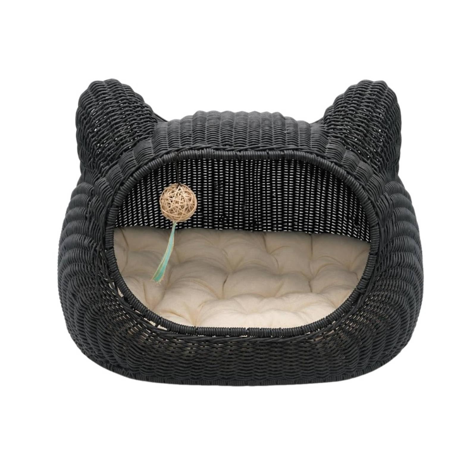 Cuccia con Pallina Appesa Intrecciata Cuccia a Casetta Imbottita per Gattini, Piccoli Animali Domestici, Salotto, Camera da Letto, Casa, 黑色, 小号