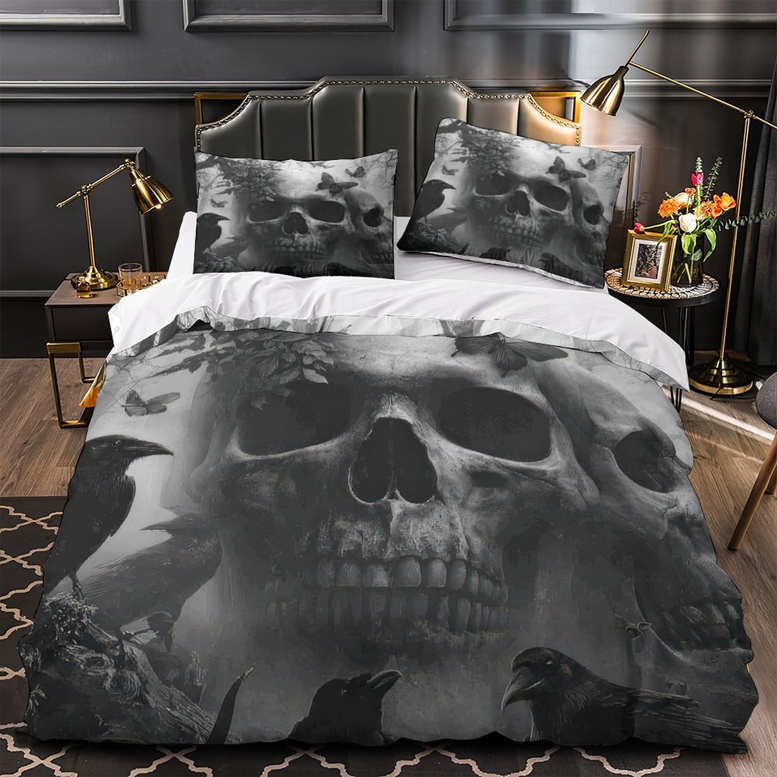 Parure de lit horreur gothique crâne 3D en microfibre pour grand lit