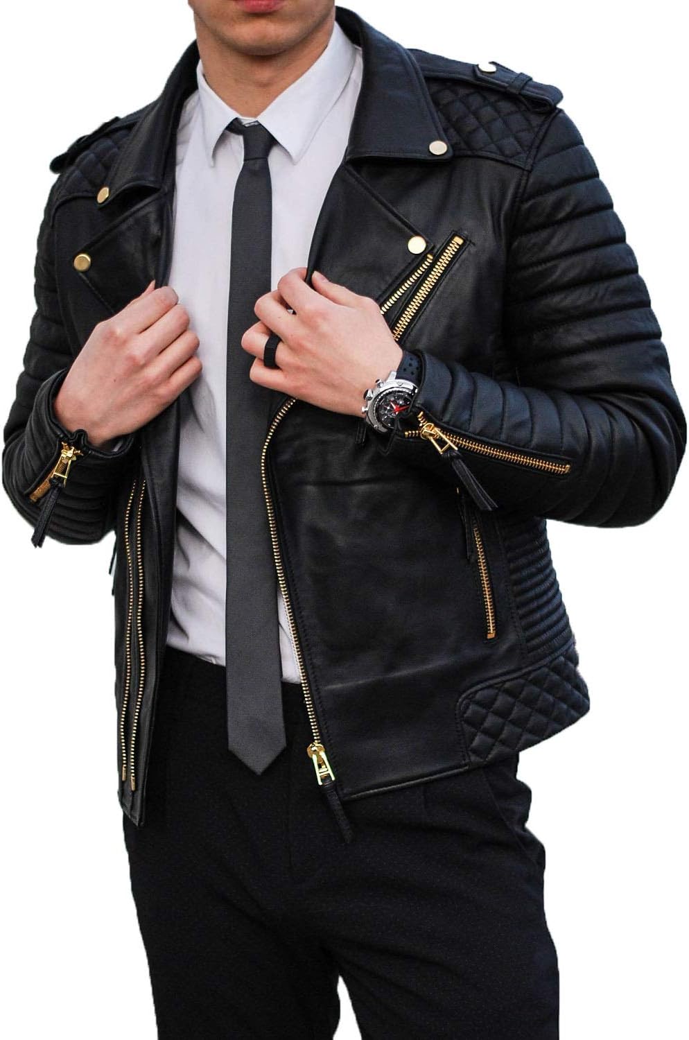 Iftekhar Leather Jackets For Men |leather Biker Stylish Jacket With Golden Zipper and Full Sleeves & Quilted patches - Black