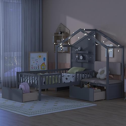 Miniatura 146 de RUNNA Marco de cama de madera de tamaño matrimonial con valla, para niños, adolescentes, niñas, niños, (Natural-Thinck 4col) Natural-Thinck