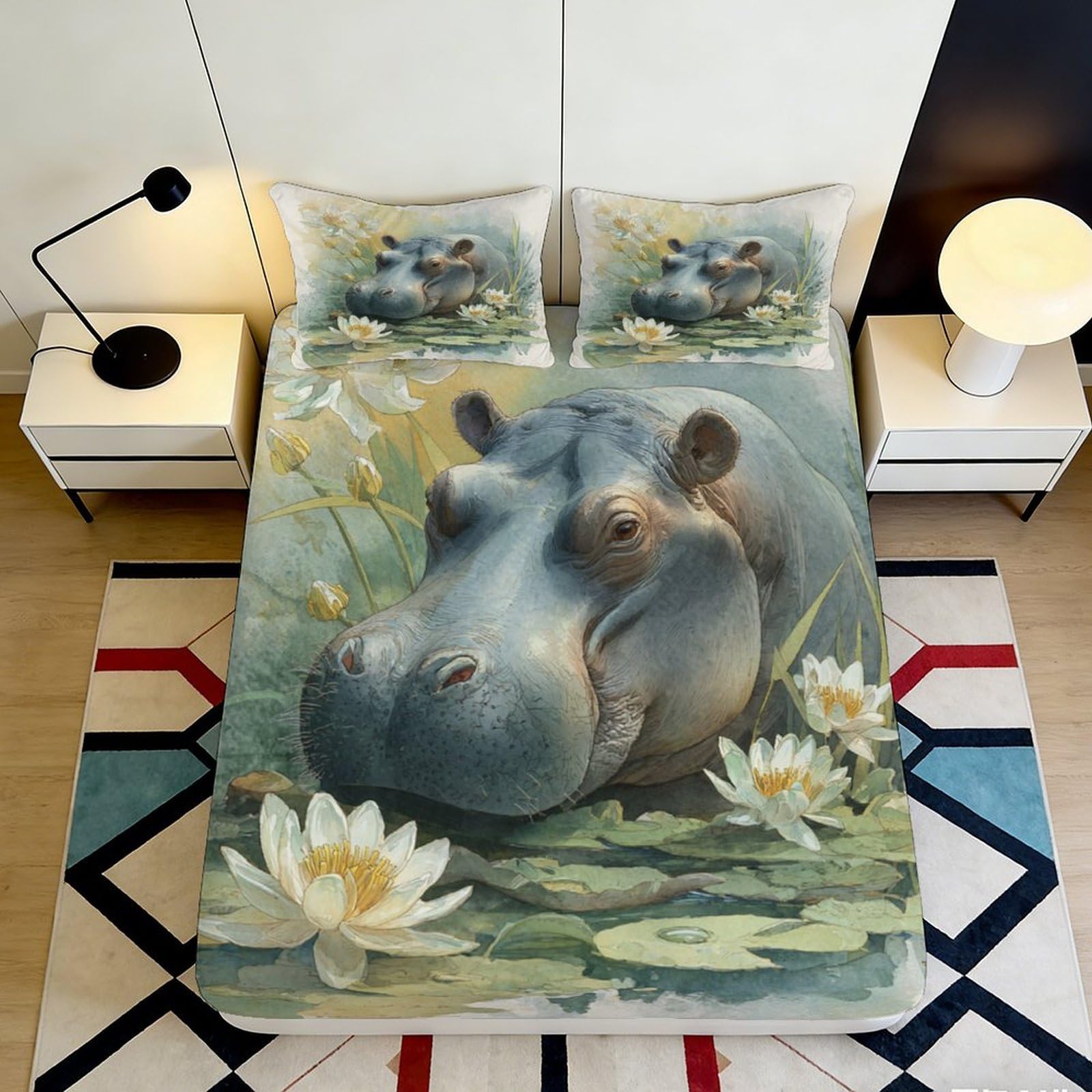 3D Printed Hippopotamus Fitted Sheet Microfiber Soft Breathable Water Lily Bed Cover for Bedroom Dormitory Guest Room Mattress Protection Decor 120x200x25cm