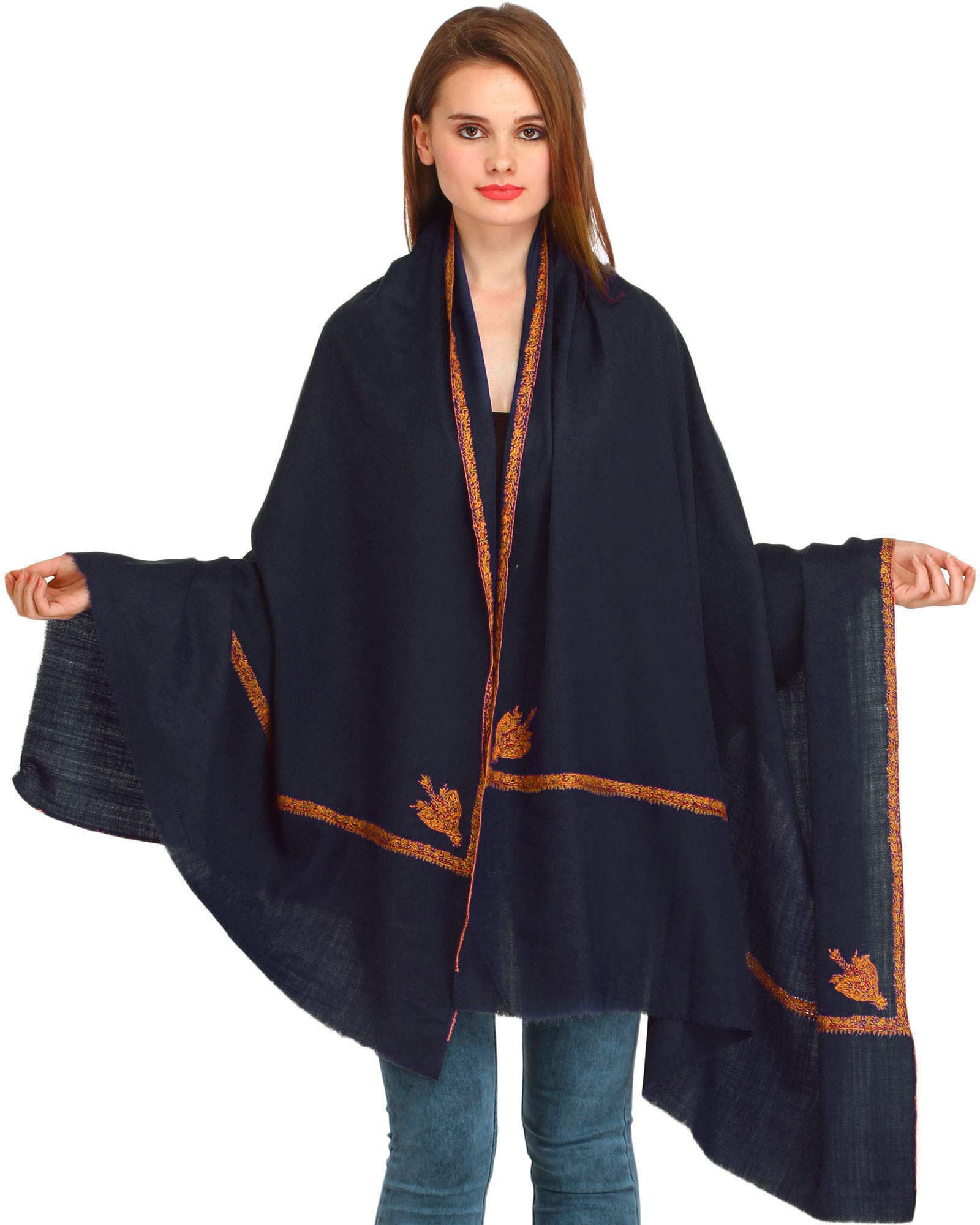 Women's Plain Kashmiri Kingri With Sozni Hand-Embroidery on Border Pure Wool Shawl-image-46