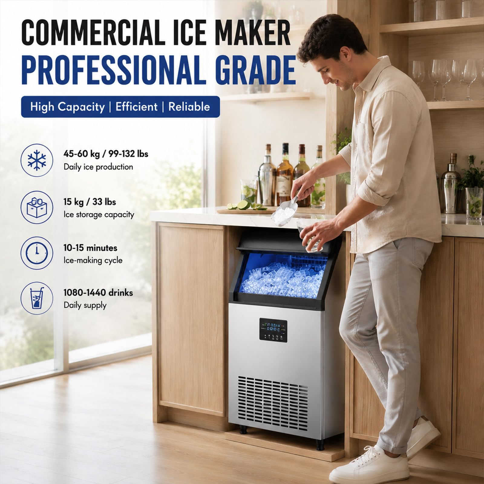 Profesjonalna Kostkarka 45-60KG/24H, 15KG Zapas Lodu, 45-60 Kostek w 8 Minut, Samoczyszcząca, Panel Sterowania LED, Idealna do Gastronomii 55IceCubes