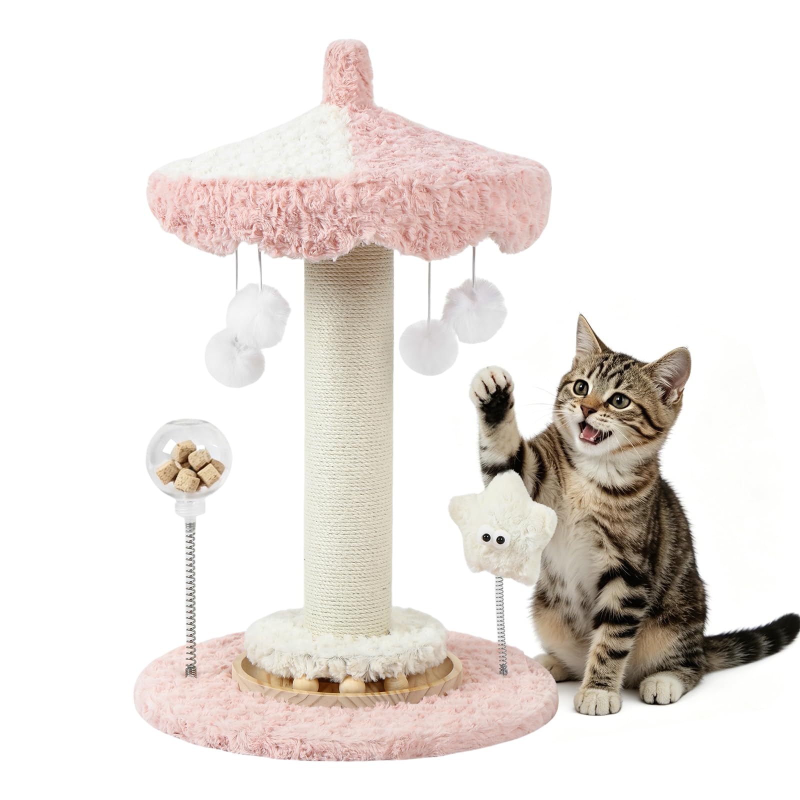 SnagShill 24" Carousel Cat Scratching Post, Sisal Cat Tree with Plush Canopy, Interactive Toys for Indoor Cats & Kittens