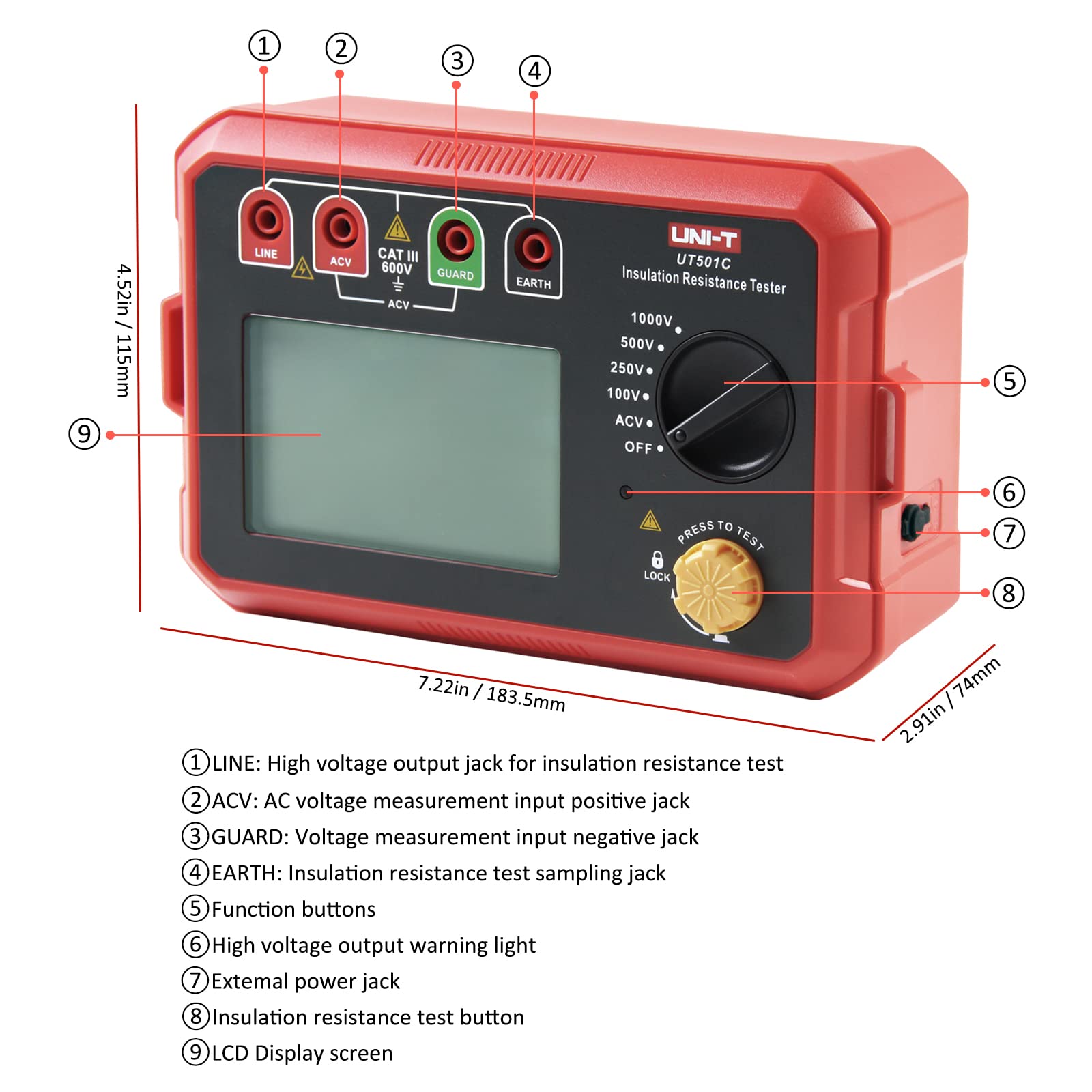 Insulation Resistance Tester, Ohm Meter, 100V/250V/500V