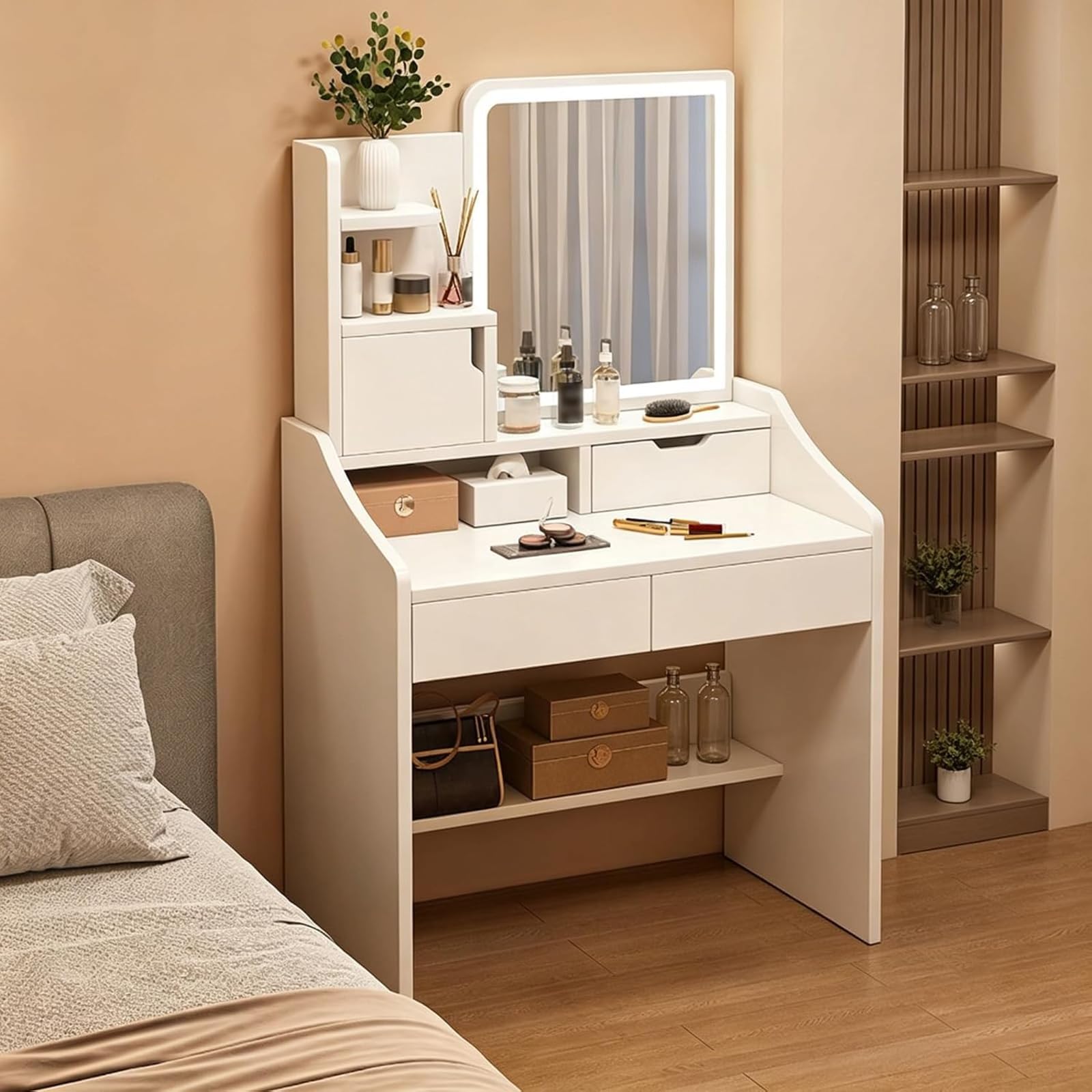 Mesa de maquillaje con luces LED y almacenamiento para dormitorios pequeños