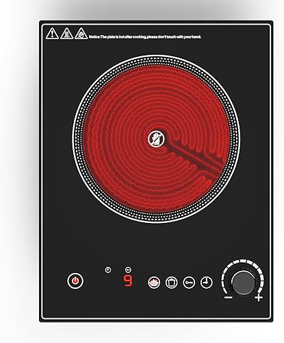 Cocina eléctrica, estufa eléctrica de 1800 W con control táctil LED y perilla, estufa eléctrica de un solo quemador L9 niveles de potencia, bloqueo