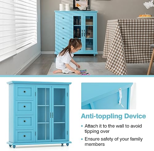 Miniatura 7 de Giantex Aparador de buffet con almacenamiento, armario de despensa de cocina con 2 puertas, 4 cajones, estante ajustable, armario independiente para