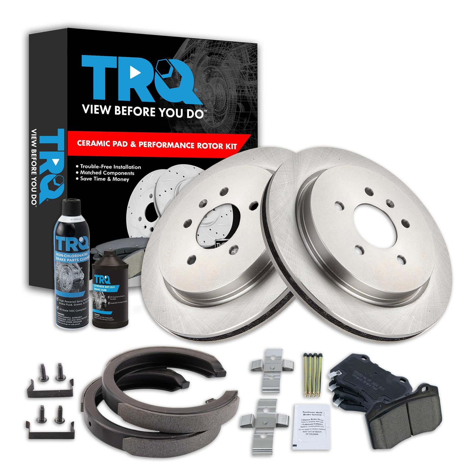 TRQ Rear Brake Pad &amp; Rotor Kit, with Chemical Kit Parking Brake Shoe Set Ceramic Compatible with 2006-2008 Cadillac STS