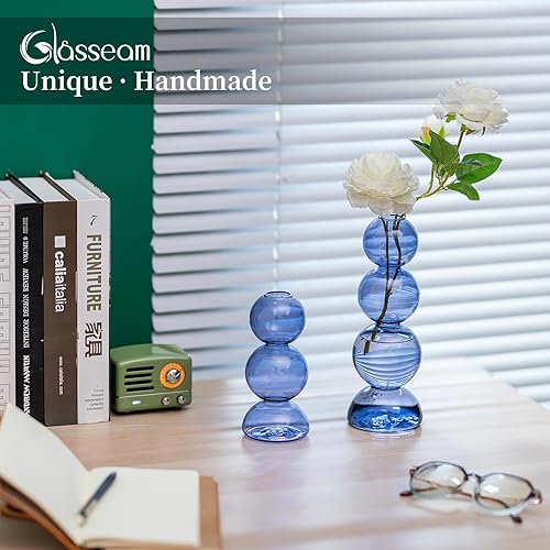 Miniatura 7 de Glasseam Jarrón de burbujas de cristal, bonitos jarrones de color azul claro para flores, pequeños jarrones únicos para centros de mesa, jarrón