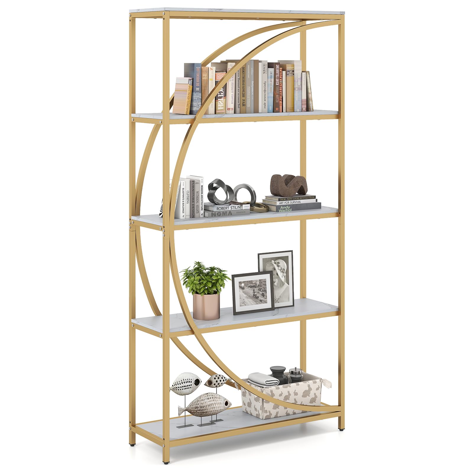 COSTWAY 5/6-Tier Bookshelf, Industrial Etagere Bookcase with Arc-Shaped Design and Open Shelves, Freestanding Metal Frame Tall Display Shelf Storage Organizer (White, 86 x 30 x 175 cm) — image 1