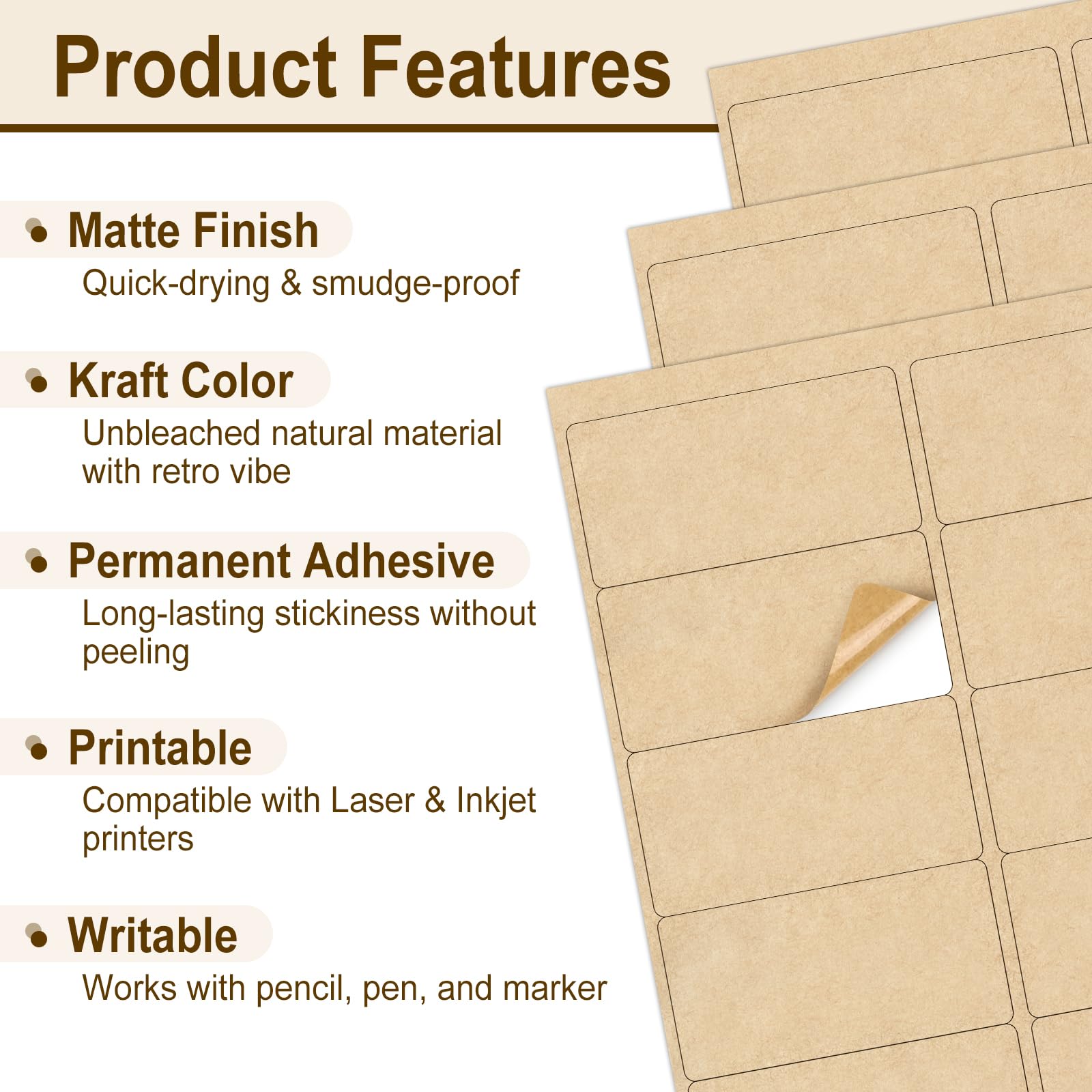 NATURALABEL 30 Blatt bedruckbare Kraftpapier-Aufkleber für Laser- und Tintenstrahldrucker, 5,1 x 10,2 cm, 10 pro Seite, matt, 300 Stück