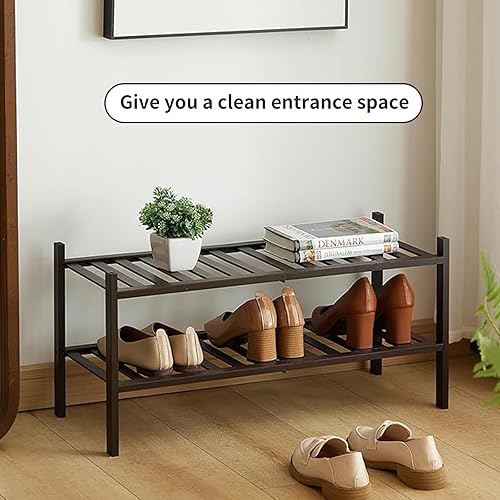 Miniatura 6 de Zapatero de bambú de 2 niveles para entrada, apilable, resistente, multifuncional, zapatero independiente para dormitorio, pasillo, armario