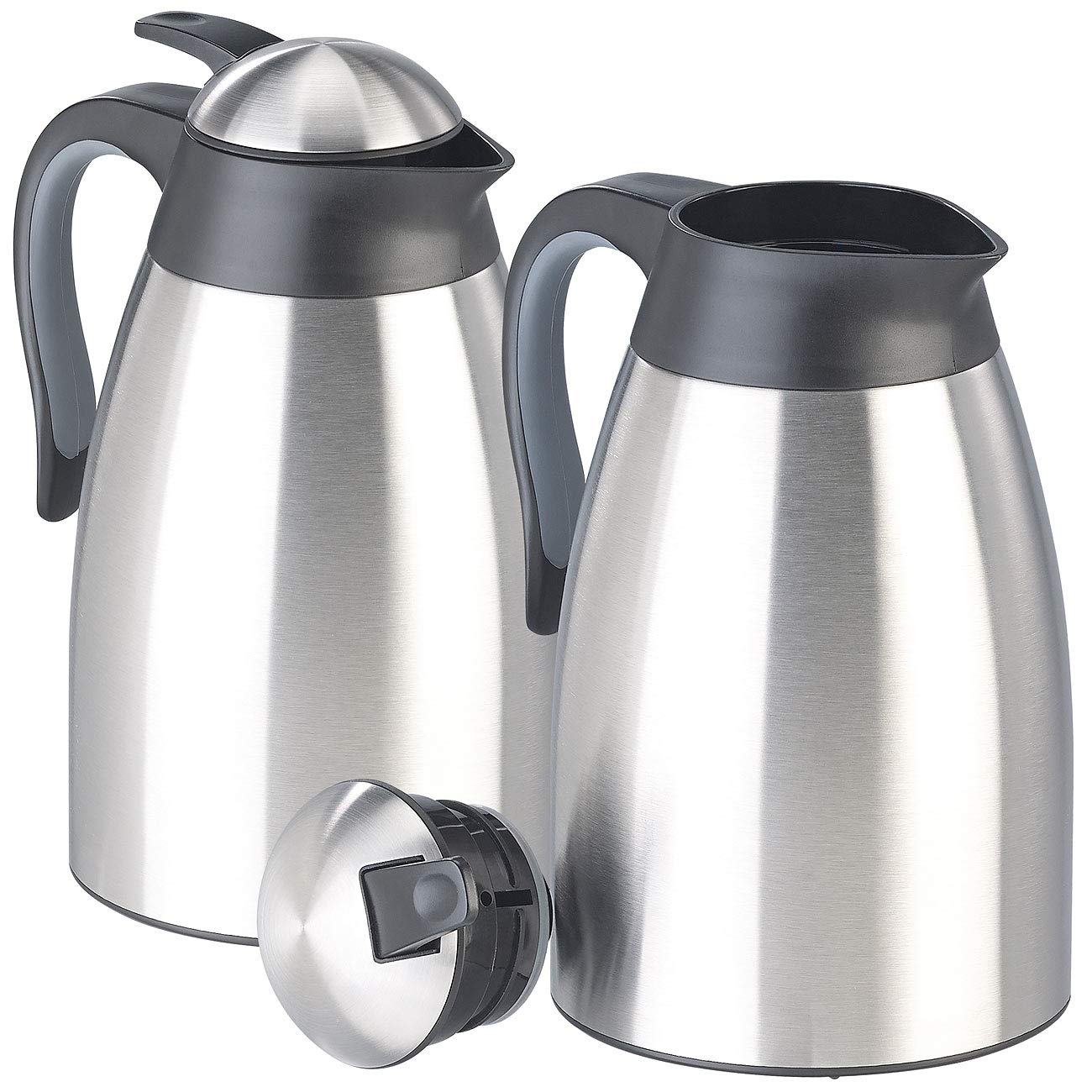 Rosenstein & Söhne Vakuum-Kaffeekanne: 2er-Set doppelwandige Edelstahl-Vakuum-Isolierkanne m. Ausgießtaste (Thermokanne, Isolierkanne Einhandautomatik)