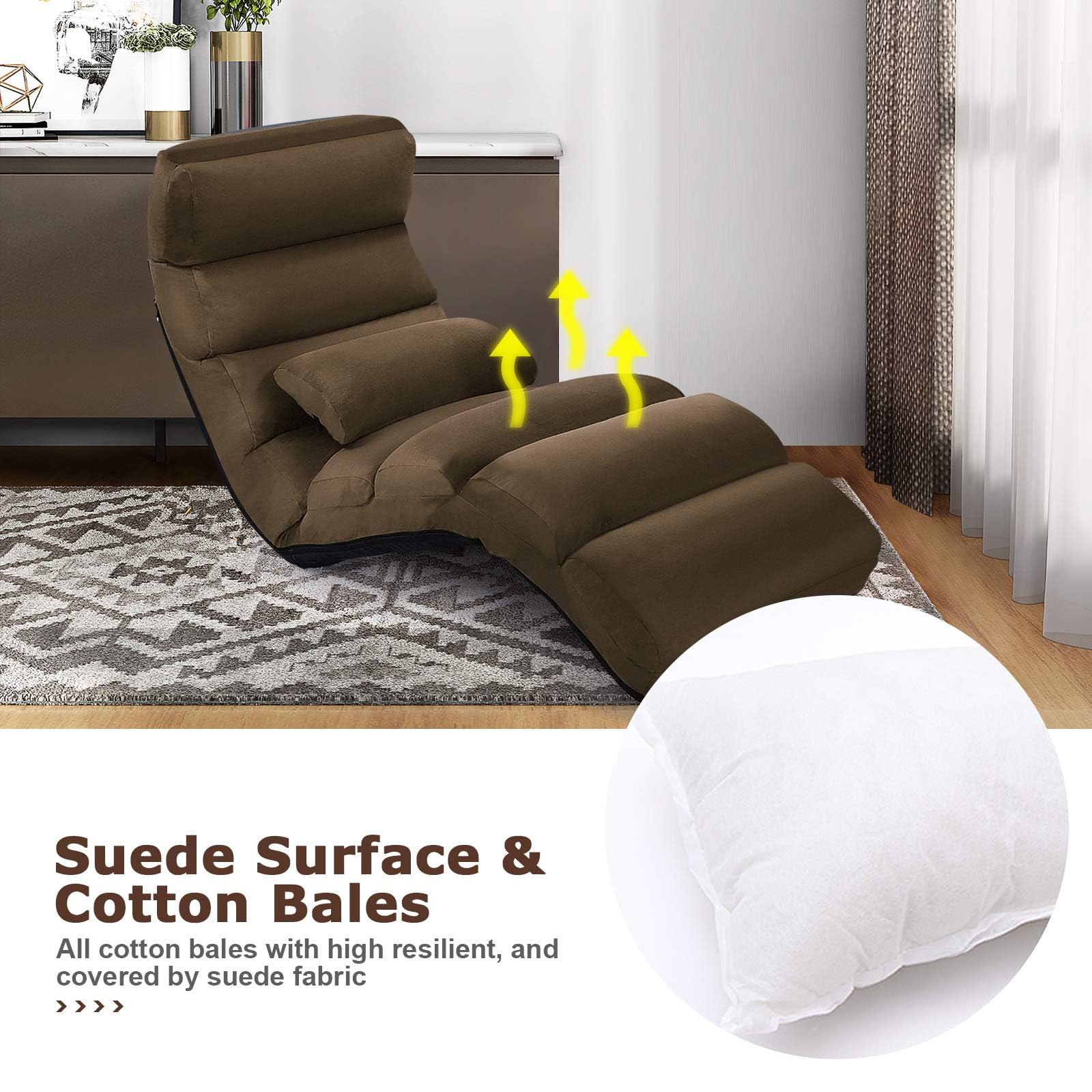 LIFEZEAL Sillón Relax Ajustable en 5 Posiciones, Sofá Relax de Suelo Plegable, Sofá Perezoso de Gamuza y Tejido Poliéster, Tumbona de Relajación con Capacidad de Carga de 120 KG (Marrón)