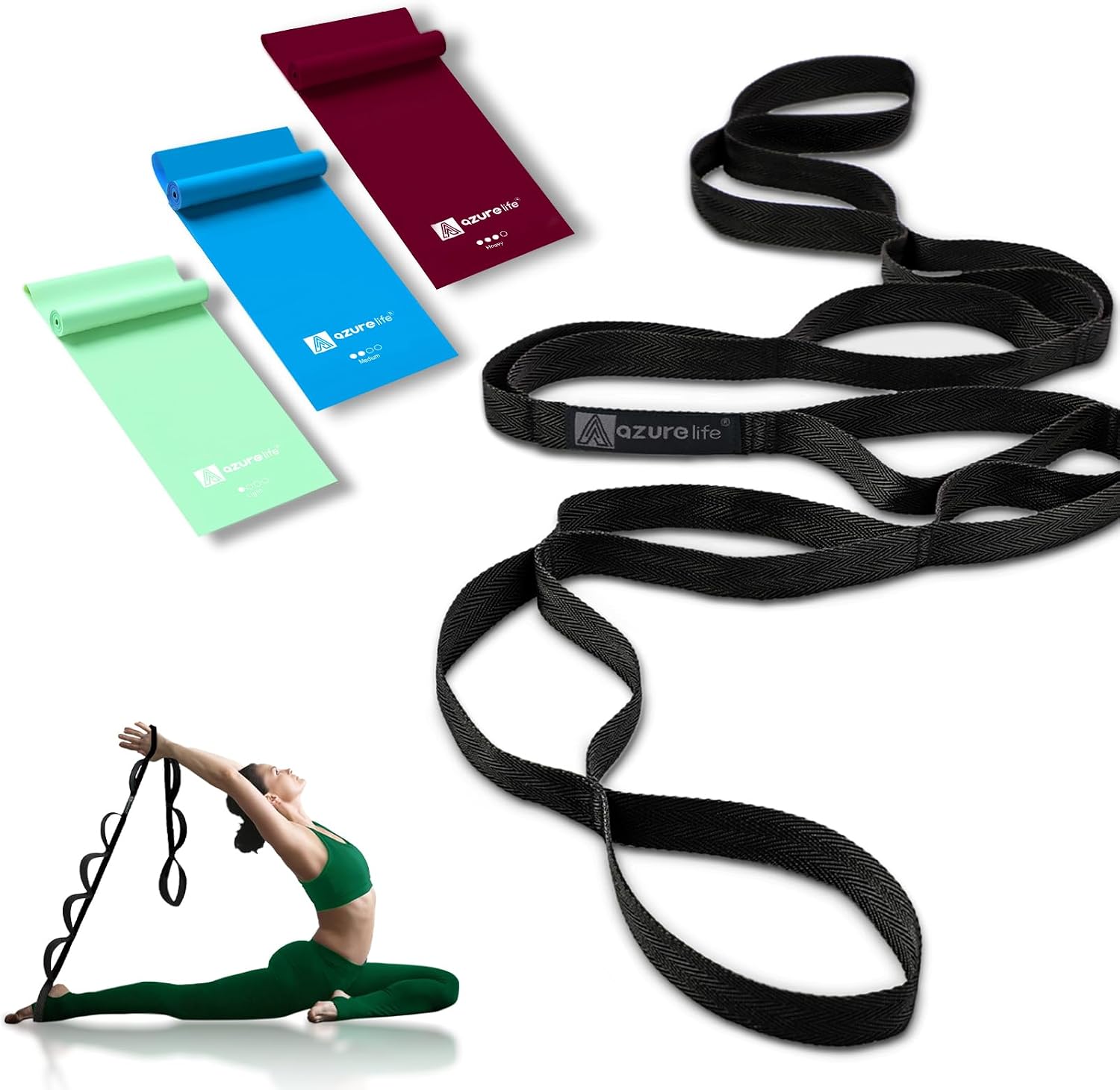 A AZURELIFE Flat Resistance Band Set (3 Pieces Total) Exercise Bands and Premium Durable Stretch Strap with Loops