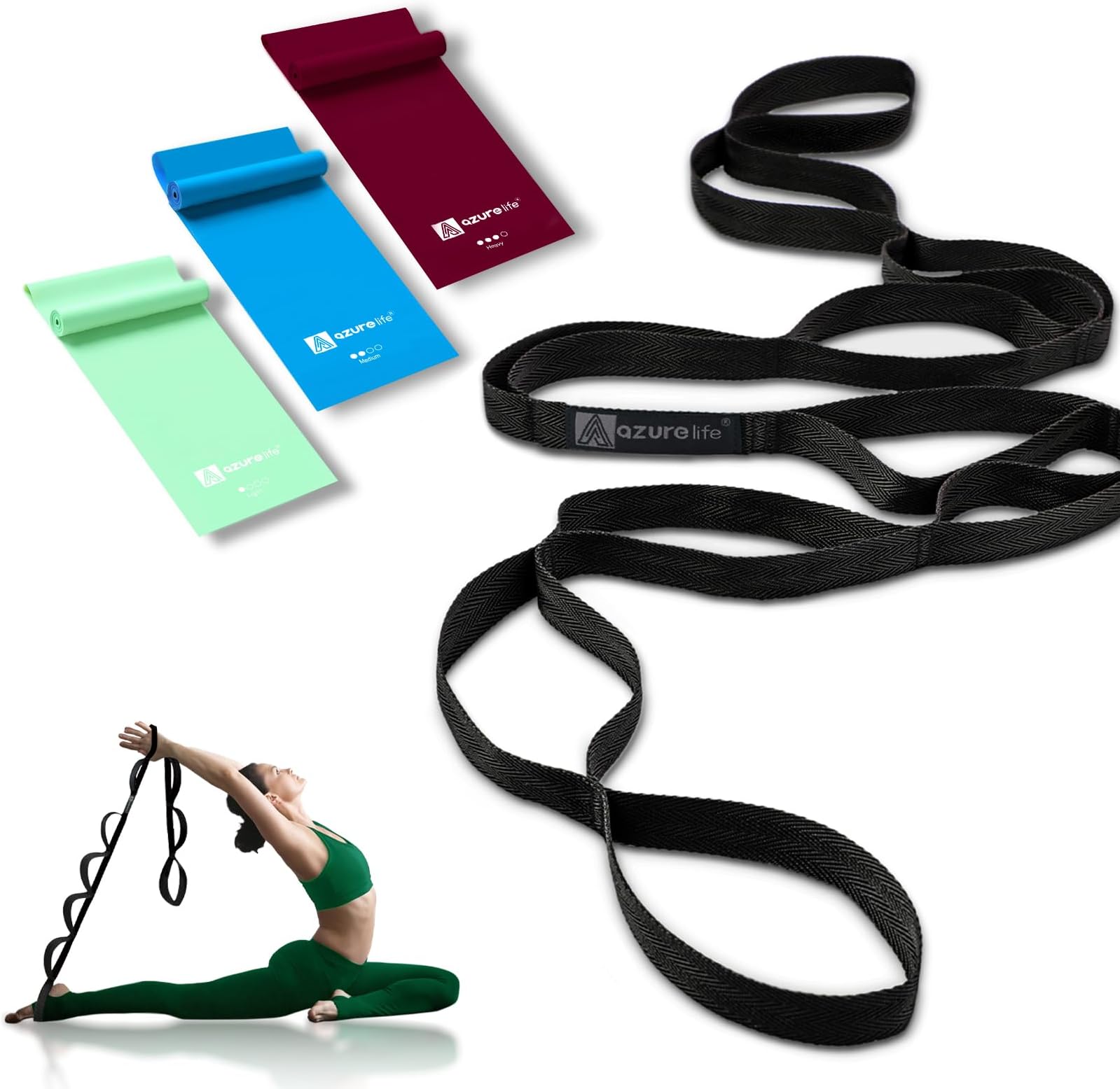 A AZURELIFE Flat Resistance Band Set (3 Pieces Total) Exercise Bands and Premium Durable Stretch Strap with Loops