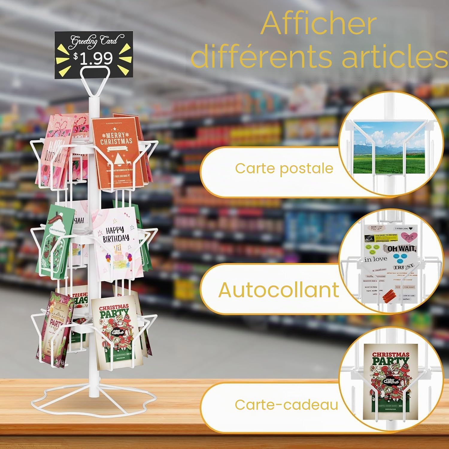 Présentoir pour cartes de vœux rotatif à 3 niveaux, 12 poches en métal, pour cartes postales, brochures, autocollants, vitrine (blanc)