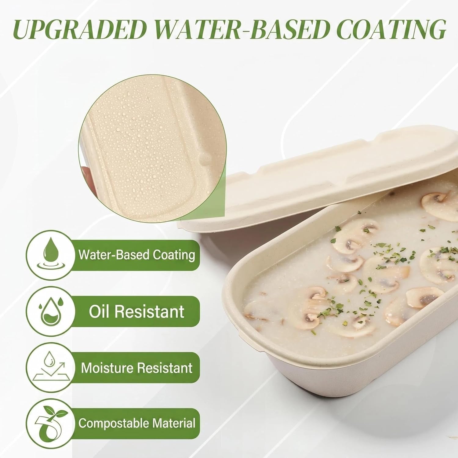 34 oz Disposable Food Containers with Lids, Upgraded Water-Coated Sugarcane Bagasse, Oil & Moisture Resistant, Microwave & Oven Safe up to 300°F, Compostable Meal Prep Boxes with 50 Cornstarch Forks