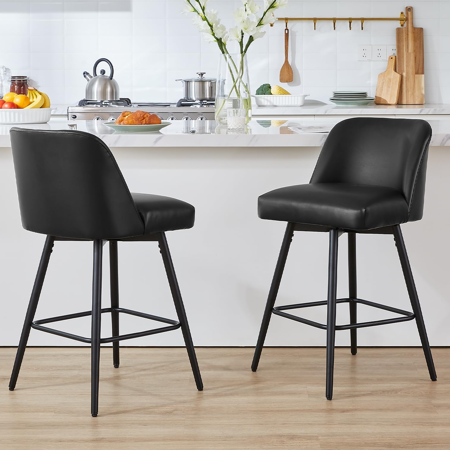 Coolazy 360°Swivel Counter Height Bar Stools Set of 2,Upholstered Morden Kitchen Barstools with High Backs,26" H Seat Height,Faux Leather (Faux