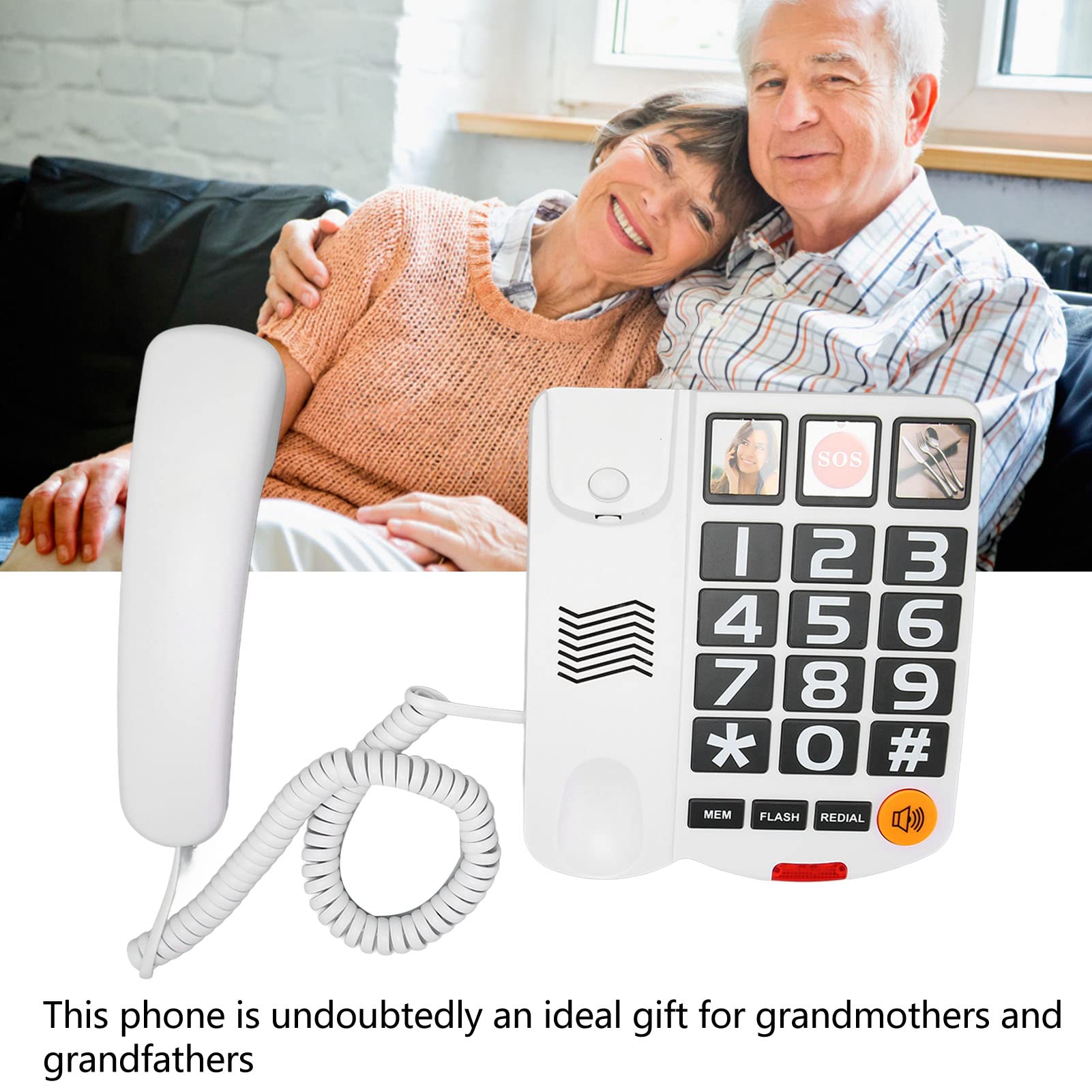 Telefono con Filo per Anziani con Tasti Grandi, Semplice Selezione Rapida a Un Tasto. Volumi di Chiamata e suoneria Regolabili, Funzionamento in Vivavoce Telefono Fisso (Bianco)