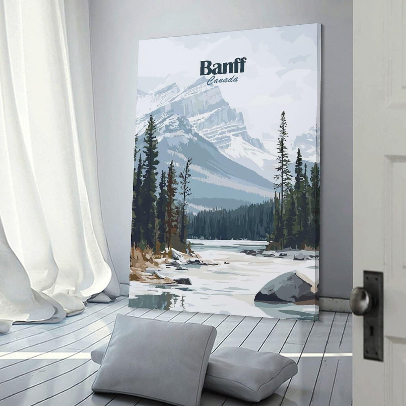 Junmoney Frame-Style-9 Banff Canada Mountain Landscape Illustration Hanging Wall Art 24X36inch(60X90cm), For New Homes, Bedrooms Or Workspaces, Thoughtful Wall Decor For Art Lovers