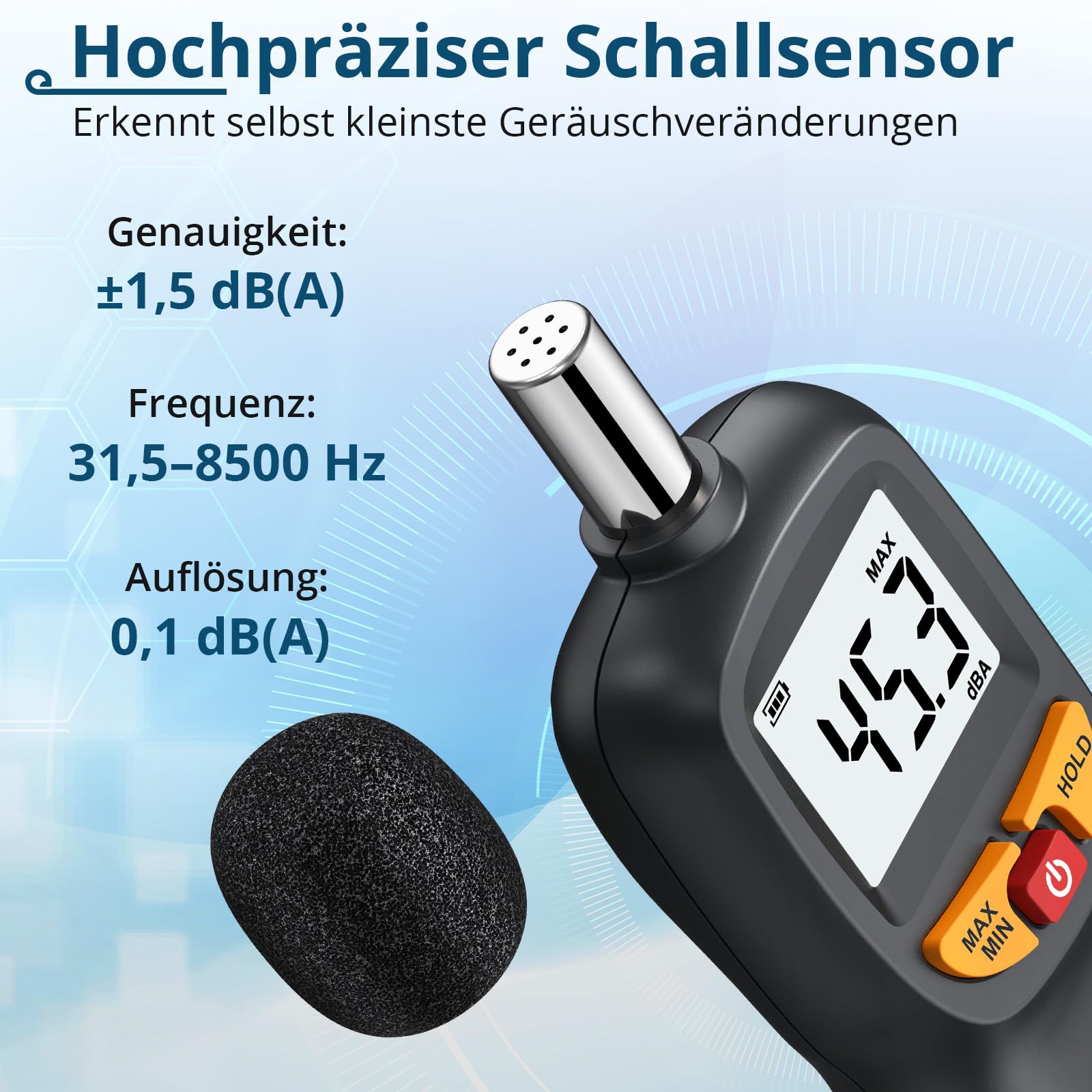 Digitales Schallpegelmessgerät 30–130dB(A) A-Bewertung, LCD Dezibel Messgerät mit Hintergrundbeleuchtung, MAX/MIN Funktion, Präzises Lärmmessgerät für Büro, Werkstatt, Baustelle
